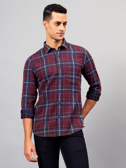 Cantabil - Men Checkered Maroon Full Sleeves Spread Collar Casual Shirt