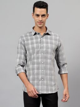Cantabil - Men Checkered Grey Full Sleeves Spread Collar Casual Shirt