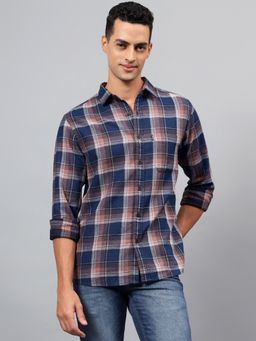 Cantabil - Men Checkered Navy Blue Full Sleeves Spread Collar Casual Shirt