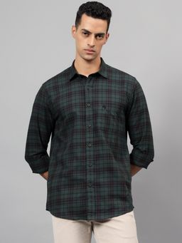 Cantabil - Men Checkered Bottle Green Full Sleeves Spread Collar Casual Shirt