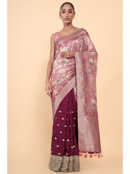 Soch - Women Mauve Silk Printed Saree with Unstitched Blouse