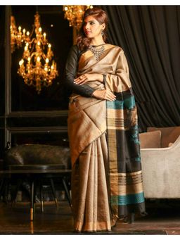 Beatitude - Beige Shade Handwoven Desi Tussar Silk Saree Unstitched Blouse