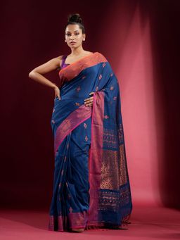 CHARUKRITI - Azure Blue Dual Border and Zari Design Saree with Unstitched Blouse