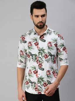SHOWOFFFF - Men Casual Cotton Printed Slim Fit Shirts-white