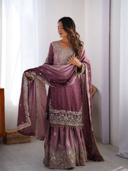 JATRIQQ - Women Mauve Embroidered Kurta with Sharara and Dupatta (Set of 3)