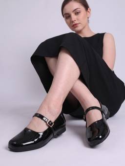 DENILL - Black Glossy Mary Jane Square Toe Buckle Ballerina for Women