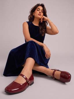 DENILL - Maroon Glossy Mary Jane Square Toe Buckle Ballerina for Women