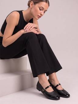 DENILL - Black Women's Glossy Mary Jane Square Toe Buckle Ballerina