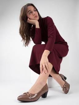 DENILL - Women's Taupe Block Heel Pumps with Gold Buckle