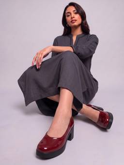 DENILL - Maroon Women's Patent Platform Block Heel Pumps