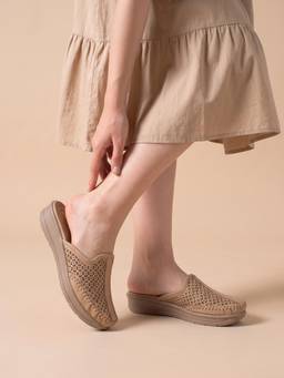 DENILL - Women's Beige Mules Slip On with Cutout Design