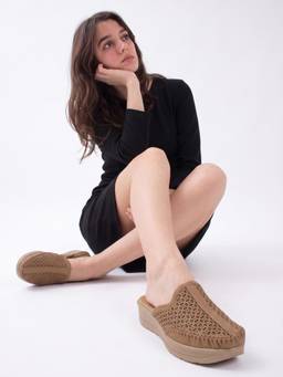DENILL - Women's Taupe Mules Slip On with Cutout Design