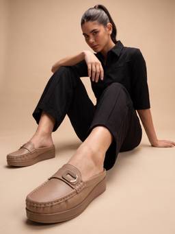 DENILL - Women's Beige Slip On Mules with Buckle Accent