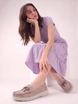 DENILL - Pink Floral Embossed Loafers with Metallic Bow and White Sole