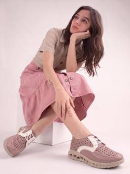 DENILL - Peach Perforated Casual Sneakers with White Accents and Geometric Sole