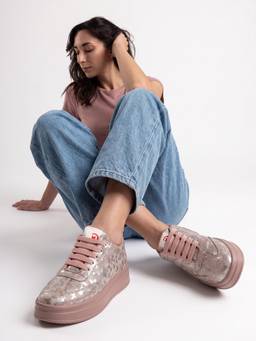 DENILL - Peach Floral Pattern Sneakers with Lace-Up Design and Cushioned Sole