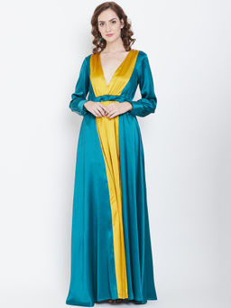 Dodo & Moa - Women Blue & Mustard Yellow Colourblocked Maxi Dress