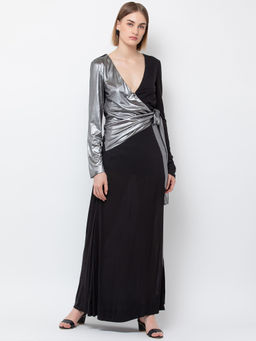 Dodo & Moa - Women Black & Silver Colourblocked Maxi Dress