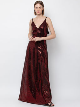 Dodo & Moa - Women Maroon Embellished Maxi Dress