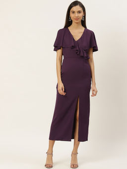 Dodo & Moa - Women Aubergine Solid Ruffled Sheath Purple Dress With Flared Sleeves