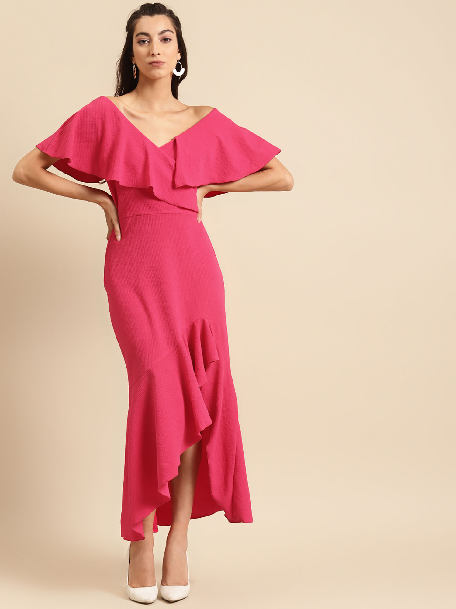 Women Pink Solid Ruffles Maxi Dress-image-7