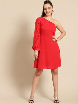 Dodo & Moa - Red Solid One Shoulder Crepe A-Line Dress