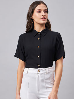 Style Quotient - Women`s Smart Black Spread Collar Short Sleeves Shirt