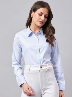Style Quotient - Women`s Micro Ditys Self Design Blue and White Polycotton Formal Shirt