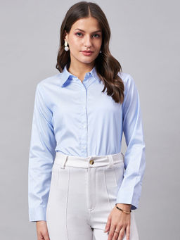 Style Quotient - Women`s Chevron Self Design Blue and White Polycotton Formal Shirt