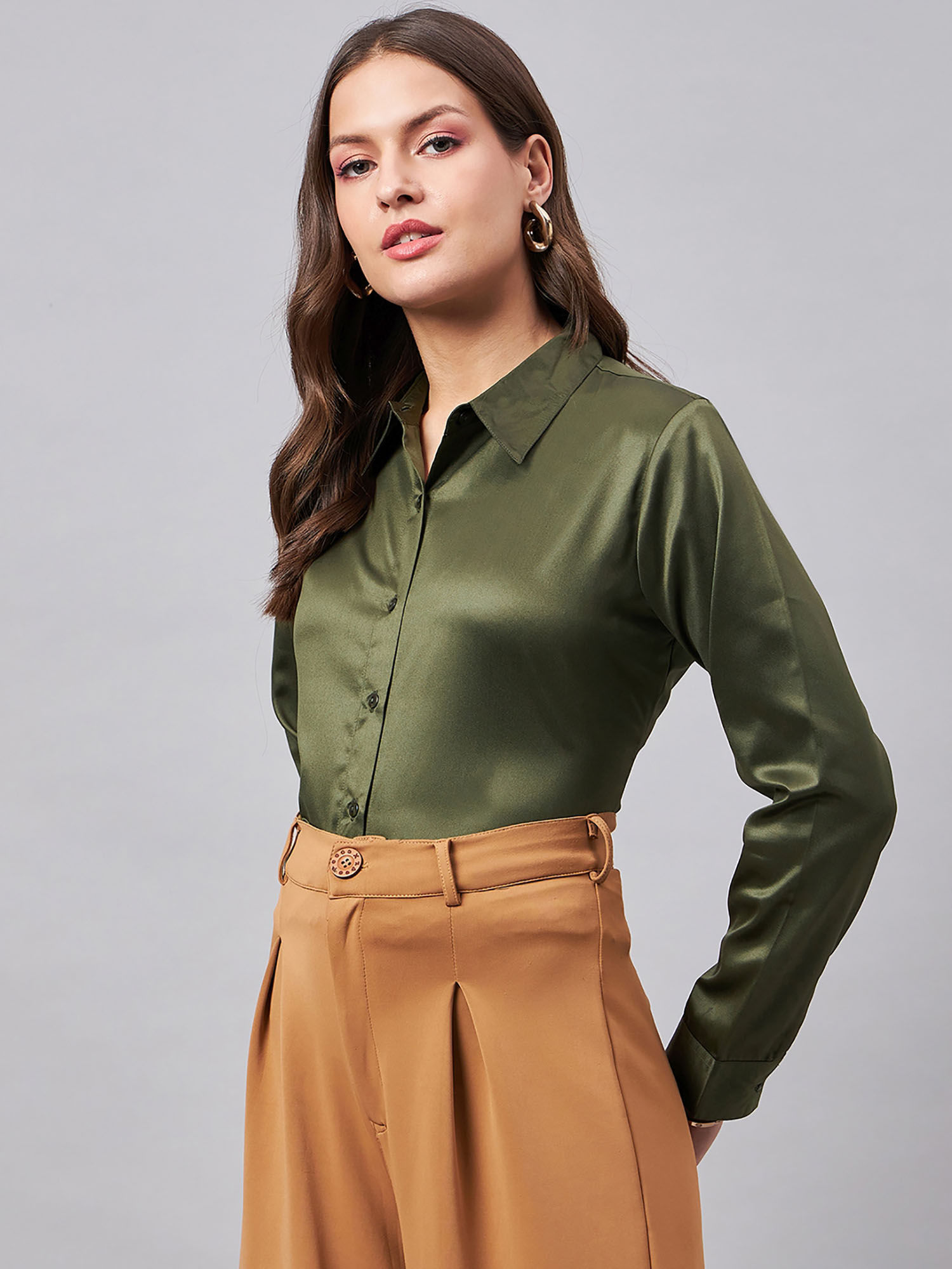 style quotient Women`s Olive Satin Regular Formal Shirt-picture-34