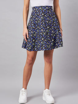 Style Quotient - Women`s Blue, Black and Multi Floral Printed Polyester Mini Skirt