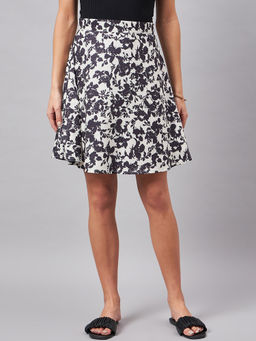 Style Quotient - Women`s Black and Off White Floral Printed Polyester Mini Skirt