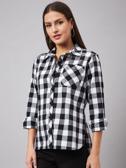 Style Quotient - Women`s Casual Black and White Checks Spread Collar Full Sleeves Shirt