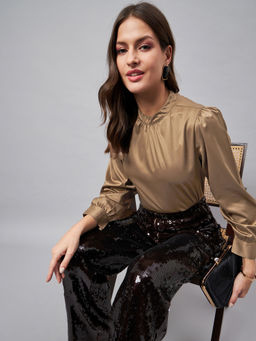 Style Quotient - Women`s Solid Ash Satin Regular Party Top
