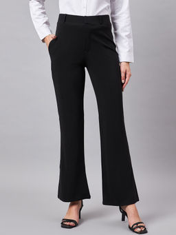 Style Quotient - Women`s Solid Black Self Design Polyester Formal Trouser