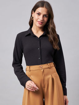 Style Quotient - Women`s Smart Black Knit Spread Collar Full Sleeves Shirt