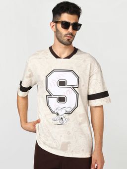 Bewakoof - Peanuts Men Gardenia Snoopy All Over Printed Oversized T-Shirt