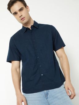 max - Men Navy Blue Cotton Linen Regular Fit Shirt