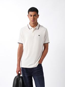 The Bear House - Men Off White Cotton Regular Fit Polo T-Shirt