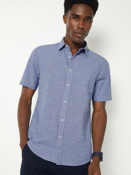 max - Men Blue Cotton Linen Comfortable Fit Shirt