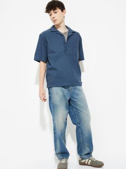 max - Men Navy Blue Cotton Blend Comfortable Fit Polo T-Shirt