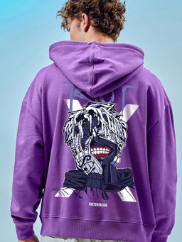 Bewakoof - Men's Purple Riot XXX tentican Graphic Printed Oversized Hoodies