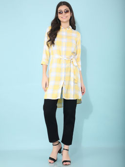 CRIMSOUNE CLUB - Womens Yellow Checked Dress In Shirt Shape with Belt (Set of 2)