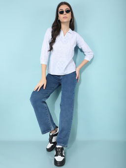 CRIMSOUNE CLUB - Women Blue Printed Pure Cotton Top