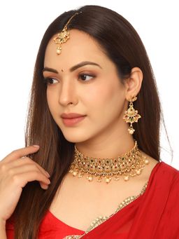 Yellow Chimes - Gold-Plated Crystal-Studded Floral Traditional Choker Jewellery Set of 3