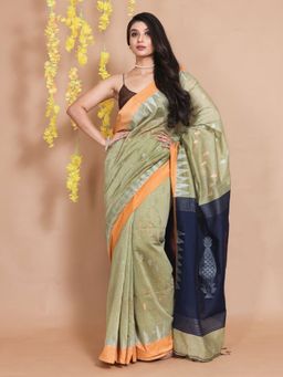 CHARUKRITI - Green Cotton Ethnic Zari Motifs & Temple Borders Handwoven Saree with Unstitched Blouse