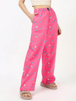 Bewakoof - Official Peanuts Women's Pink Snoopy All Over Printed Wide Leg Pyjamas