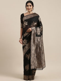 Sareemall - Womens Linen Black Woven Design Woven Saree with Unstitched Blouse