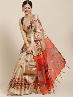 ISHIN - Womens Poly Silk Beige & Red Printed Saree with Unstitched Blouse