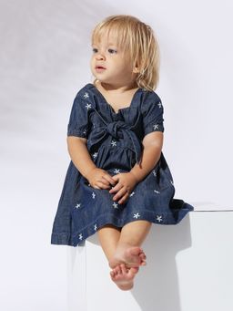 My Milestones - Daisy Embroidery Front Tie Knot Soft Denim Dress